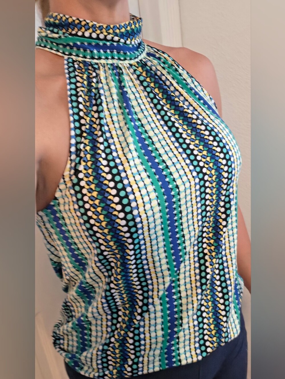 Laundry By Shelli Segal Green & Blue Halter Tank Top with Dot Stripe Print - Picture 5 of 5